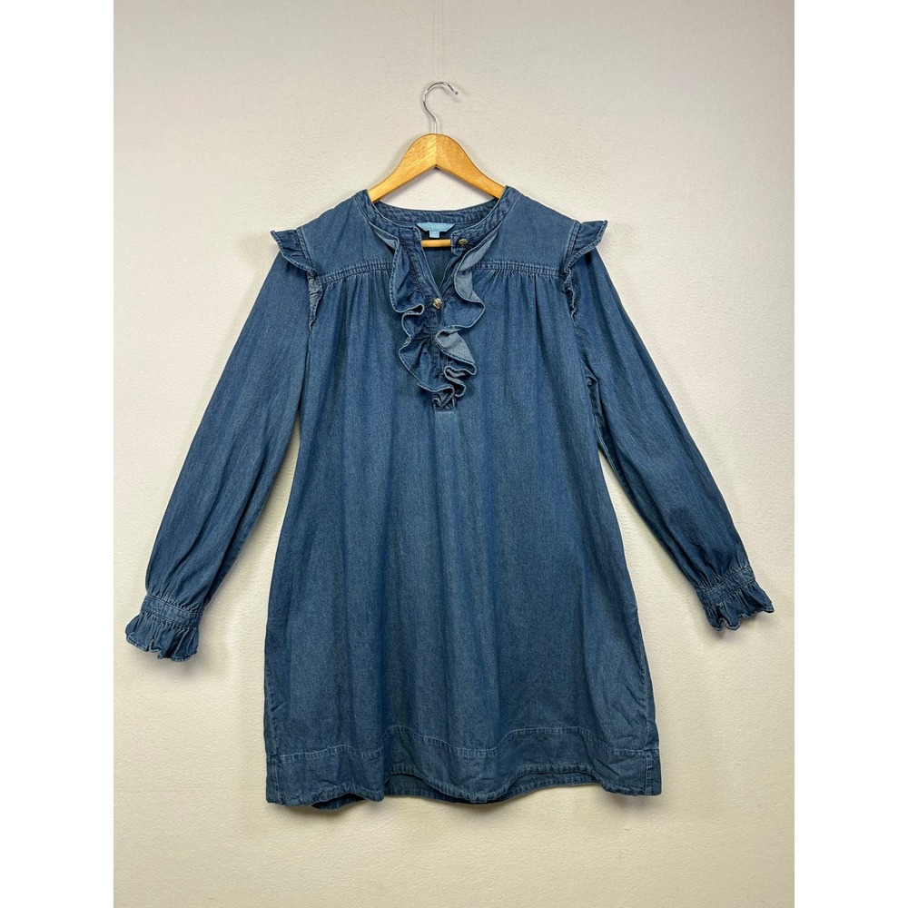 Cottagecore Draper James RSVP Womens Medium Blue Ruffle Chambray Shift Dress